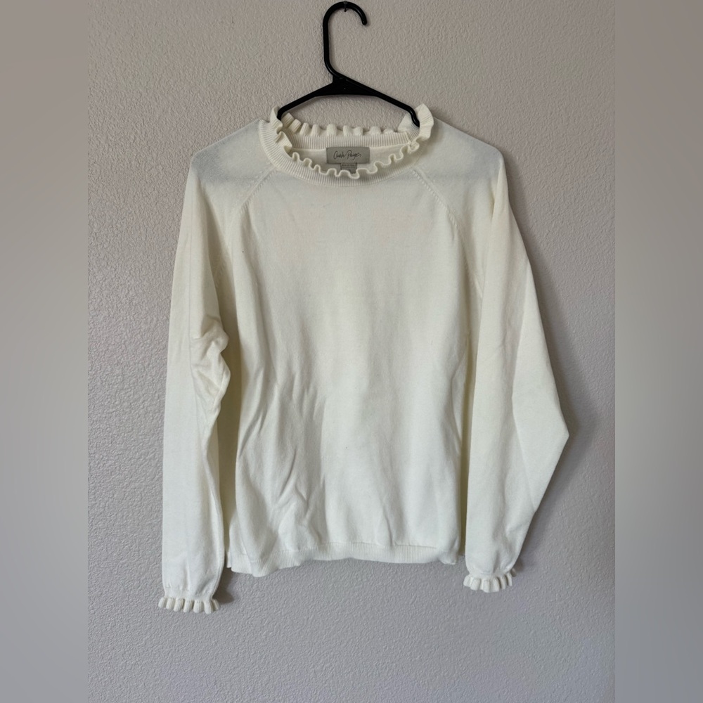 Charlie Paige Ruffle Neck Sweater Women’s Large Cream Lightweight Knit Pullover
